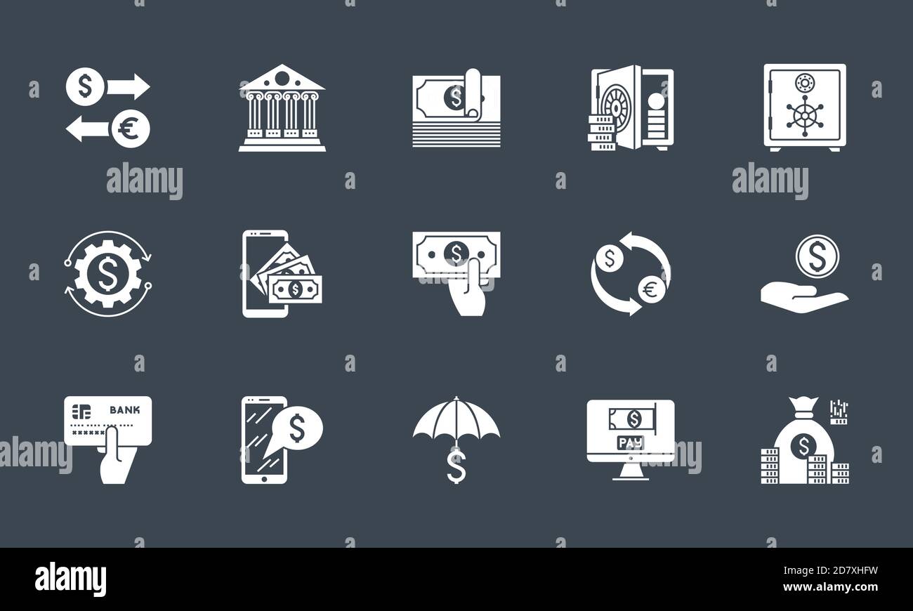 Banking icons set. Related vector glyph icons. Stock Vector