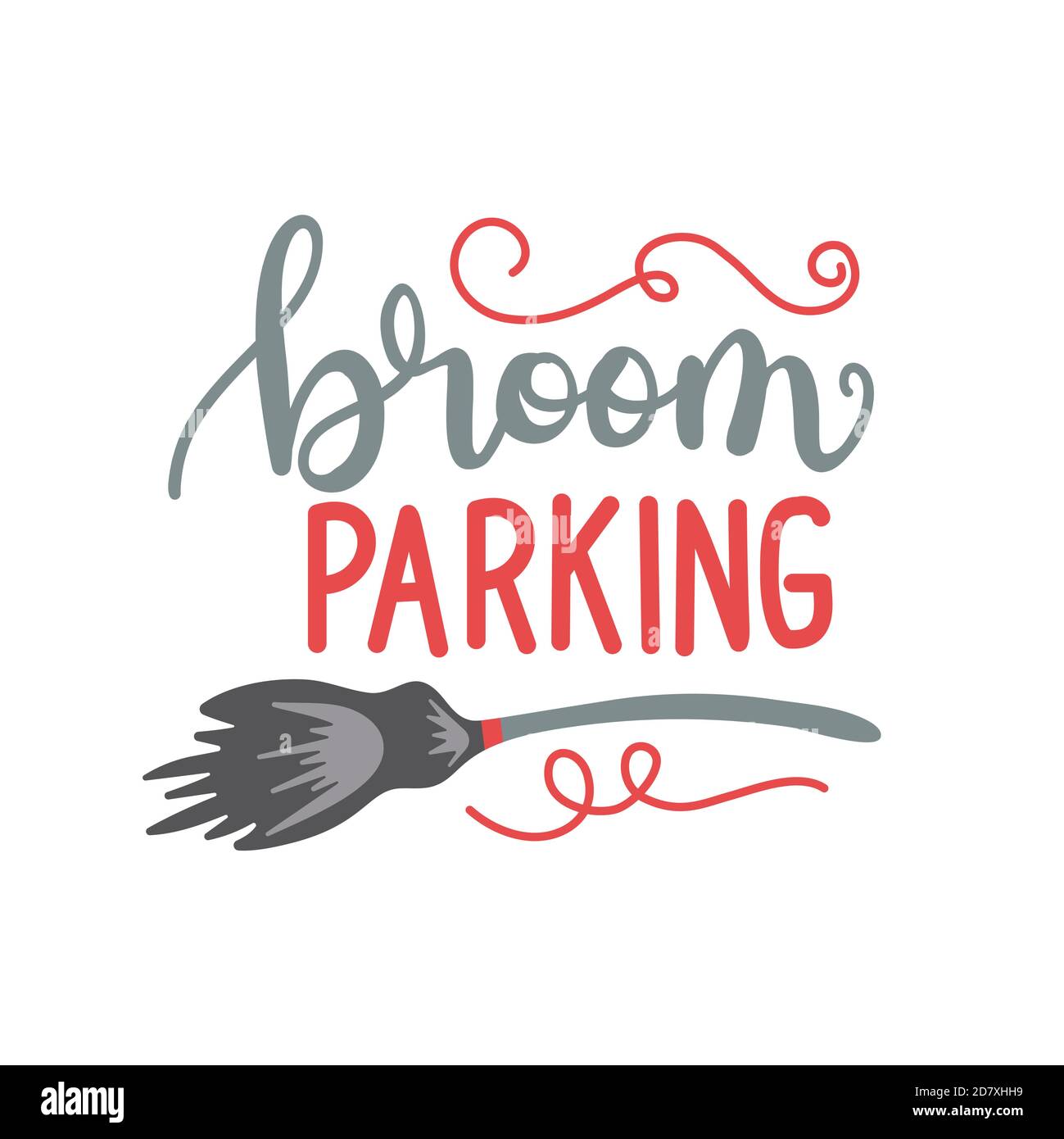 Broom parking sign. Magic vehicle of the witch hand drawn ink style boho chic sticker, patch, flash tattoo or print design vector illustration Stock Vector
