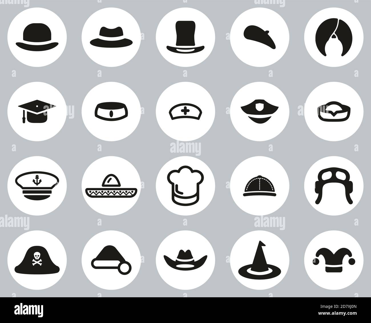 Hat Icons Black & White Flat Design Circle Set Big Stock Vector