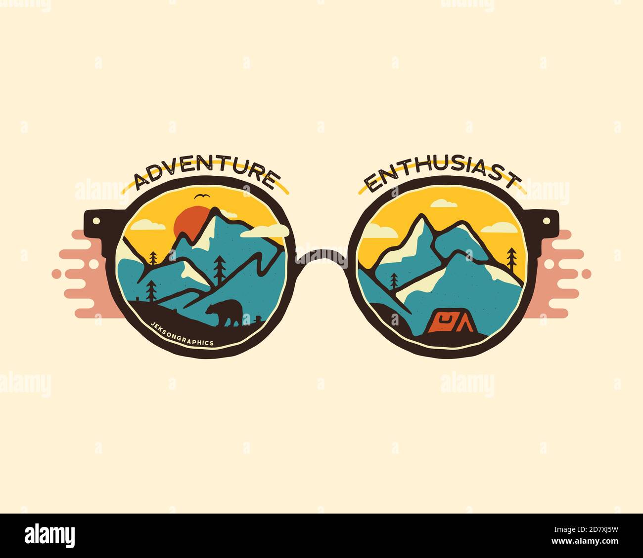 Camping badge illustration design. Outdoor logo with quote - Adventure enthusiast, for t shirt. Included retro mountains, bear and tent. Unusual Stock Photo