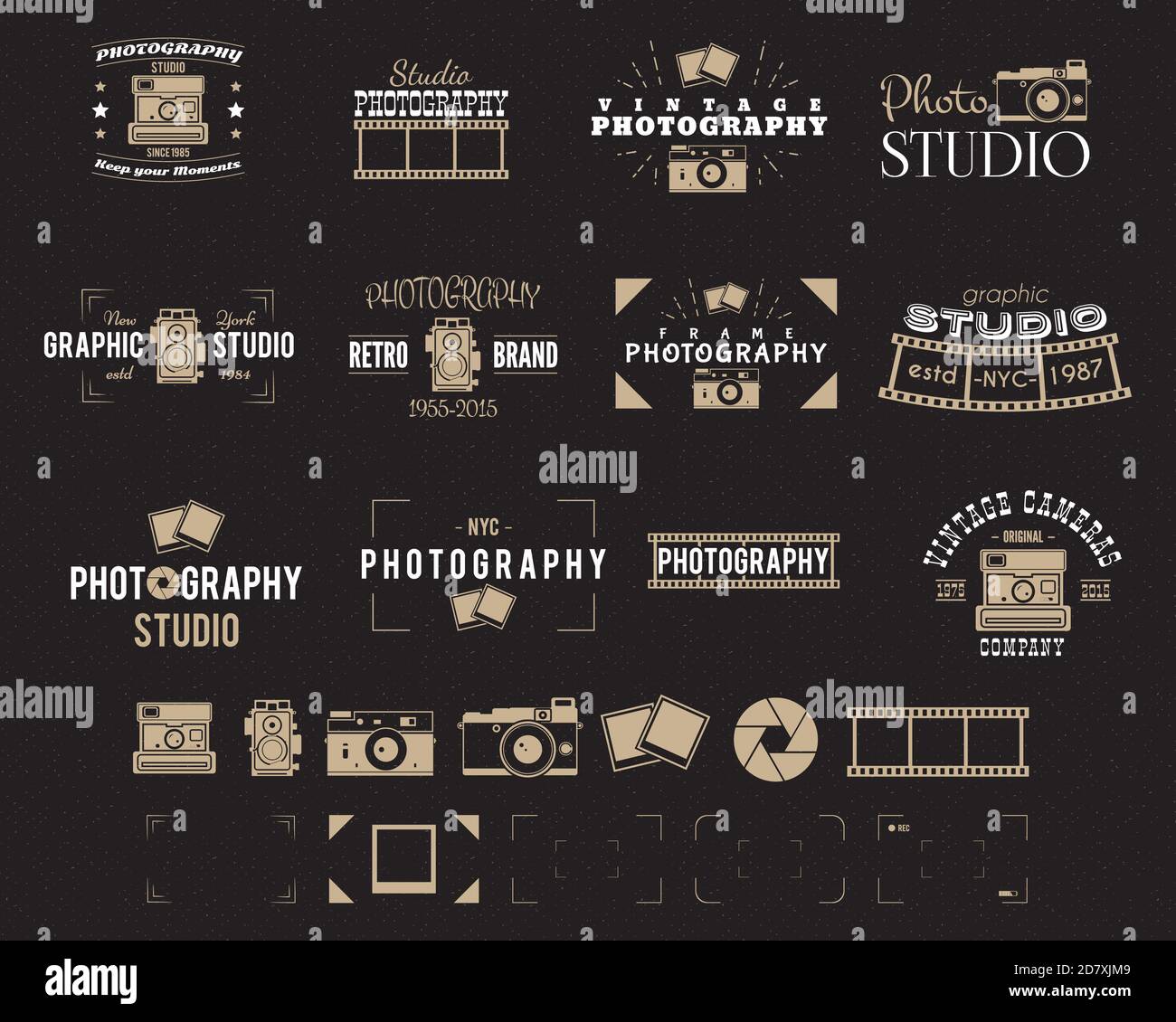 Camera logo. Vintage Photography Badges, Labels, dslr. Hipster design with photographer elements. Retro style for photo studio, photographer Stock Photo