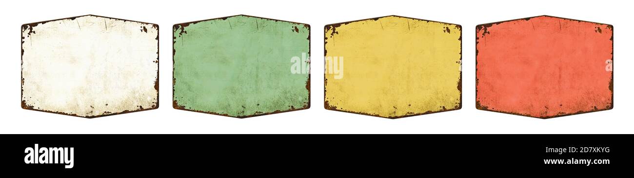 Four empty vintage tin signs on a white background Stock Photo - Alamy