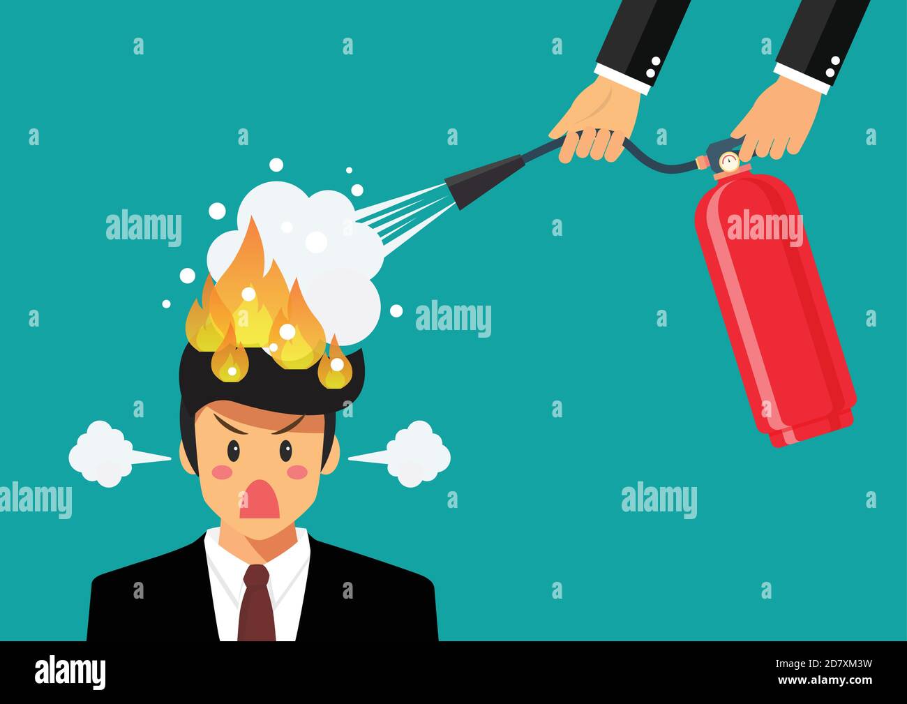 Angry businessman with head on fire gets help from man with extinguisher. Vector illustration Stock Vector