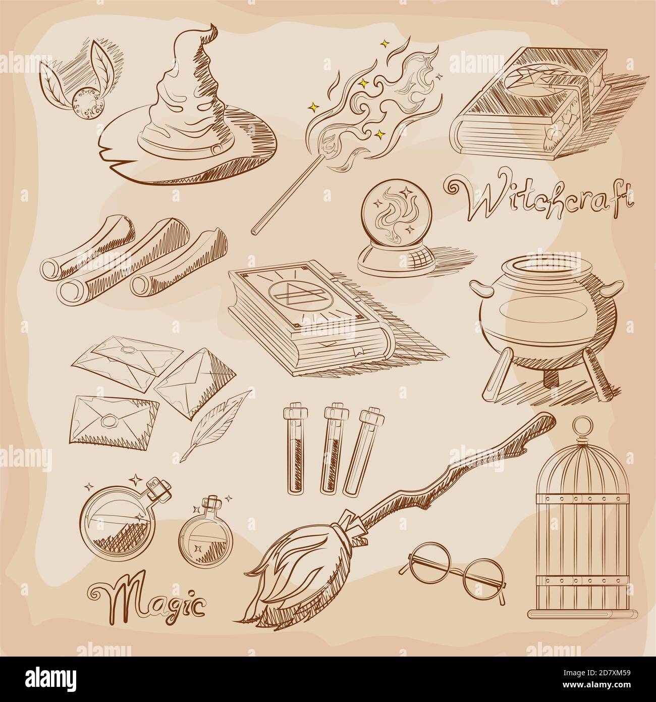 Set of Magic Related Vector elements. Contains such elements as wizard, hat, magic book, broom, crystal ball, Effect and more. Elements for computer g Stock Vector