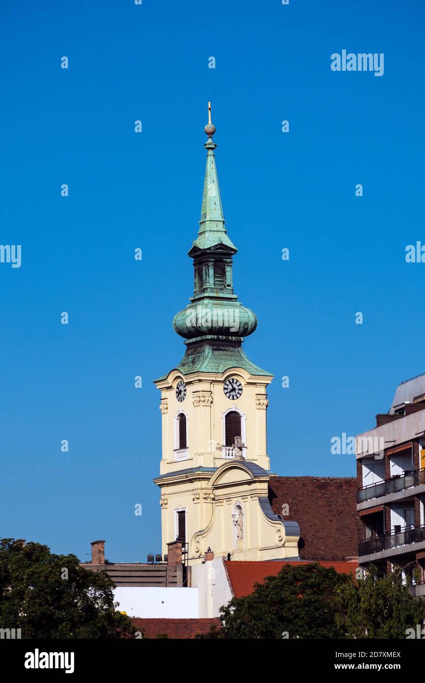 BUDAPEST, HUNGARY JULY 16, 2019 Clock tower and steeple of St