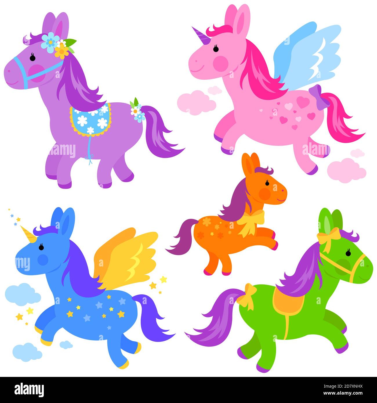 Colorful ponies and unicorns set. Illustration collection Stock Photo