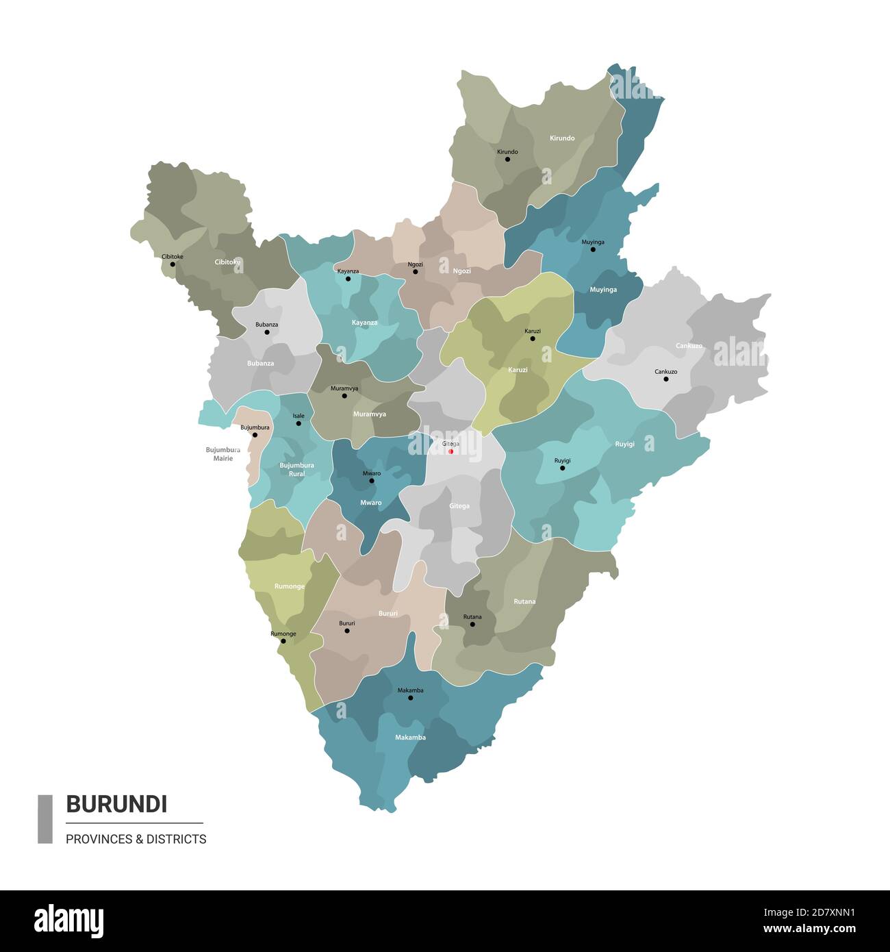 Burundi higt detailed map with subdivisions. Administrative map of Burundi with districts and cities name, colored by states and administrative distri Stock Vector