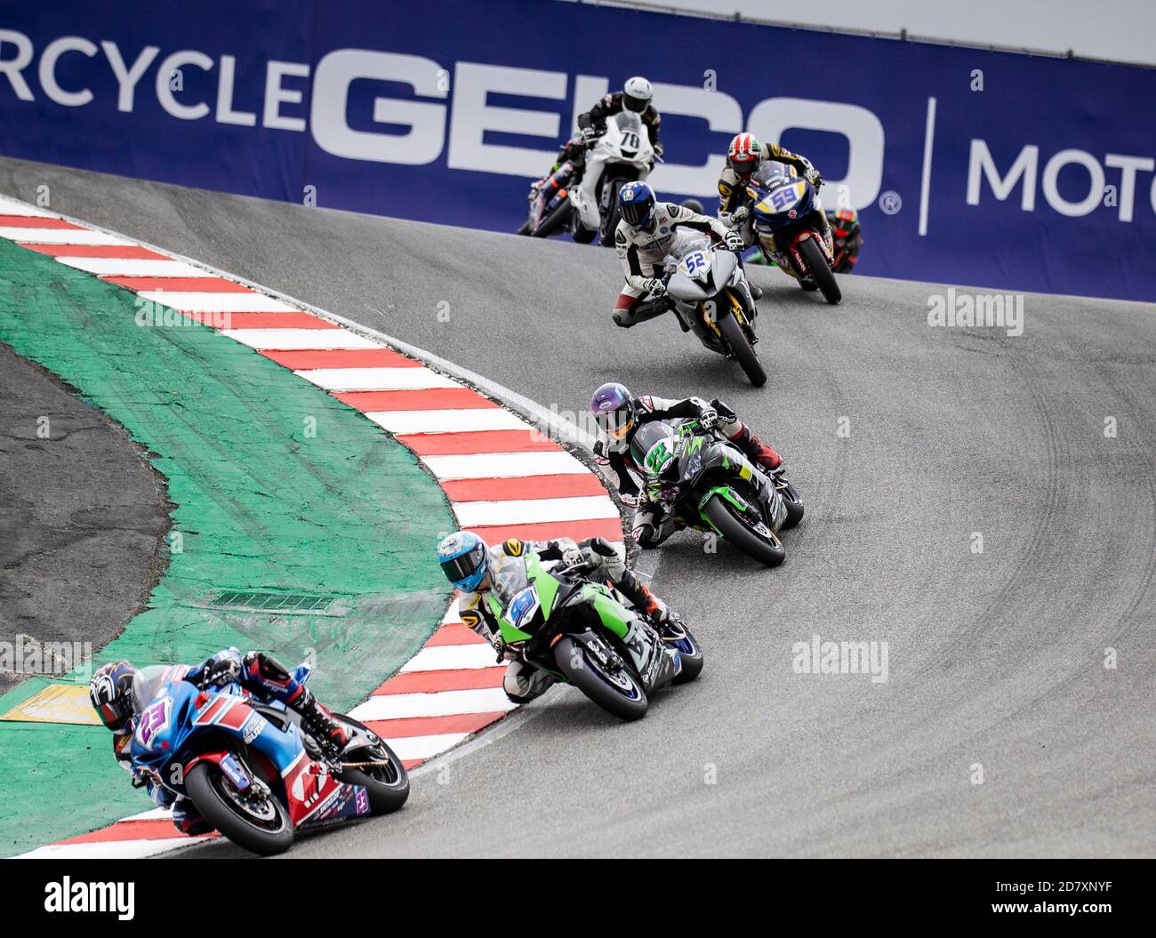 Oct 25 2020 Monterey, CA, U.S.A. # 23 Lucas Silva leads a pack of riders into the corkscrew during the Geico Motorcycle MotoAmerica Superbike Speedfest Supersport race # 2 at Weathertech Laguna Seca Monterey, CA Thurman James/CSM Stock Photo