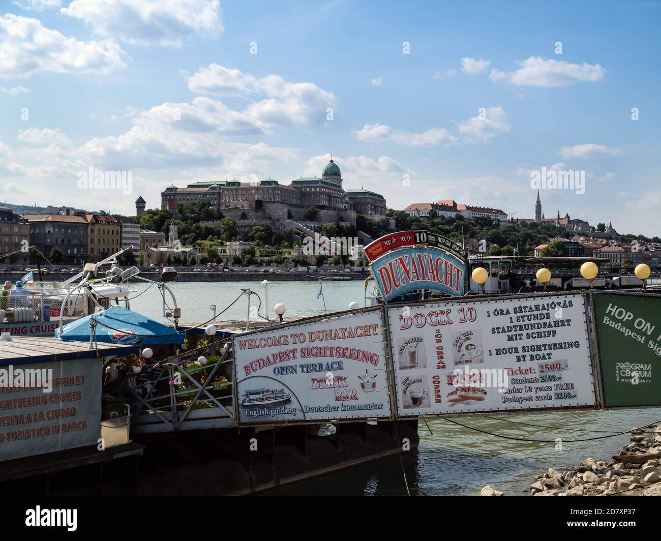 BUDAPEST, HUNGARY:  River Danube sightseeing cruise boat with signs Stock Photo