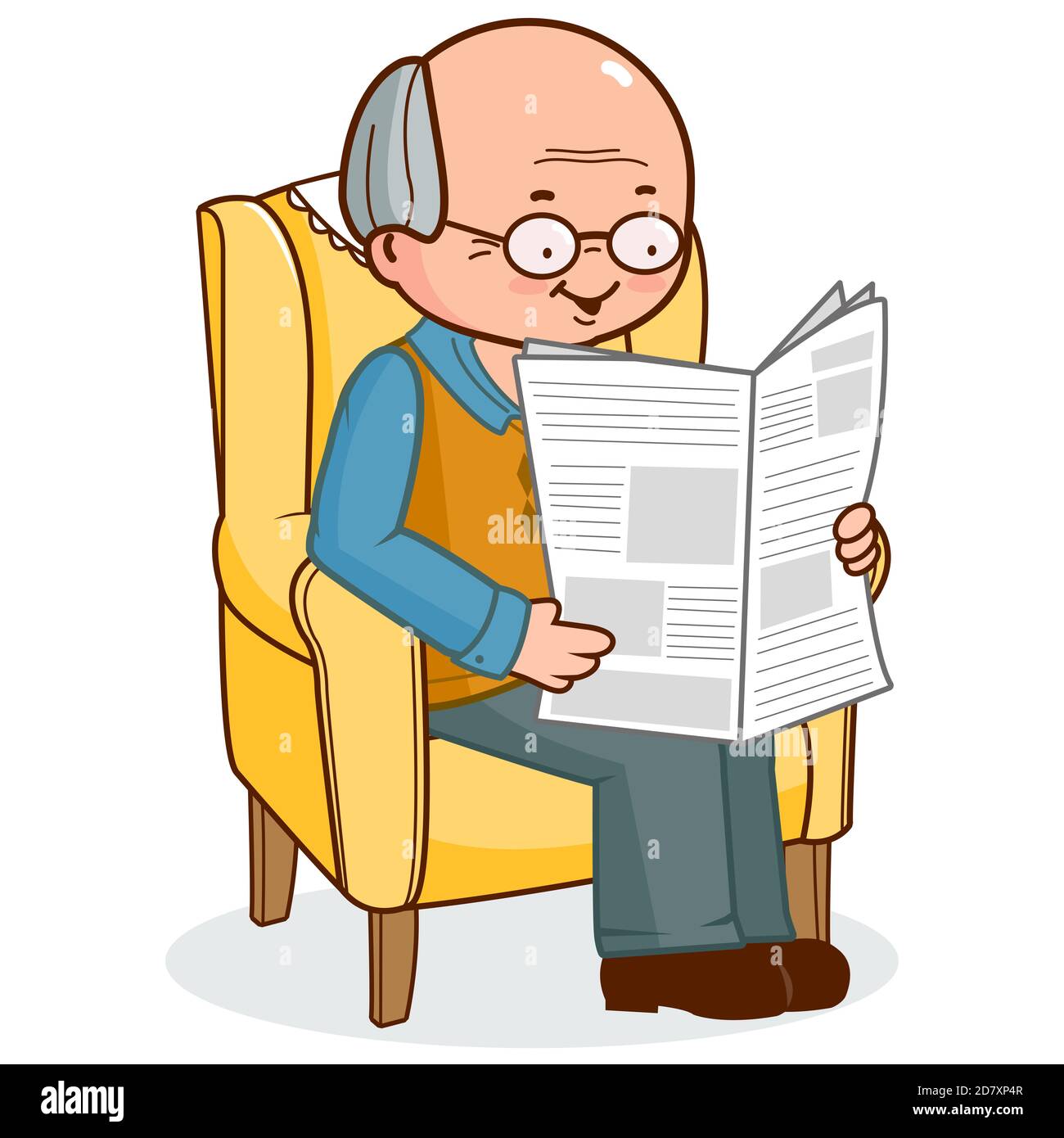 Old man sitting in an armchair reading the news. Stock Photo