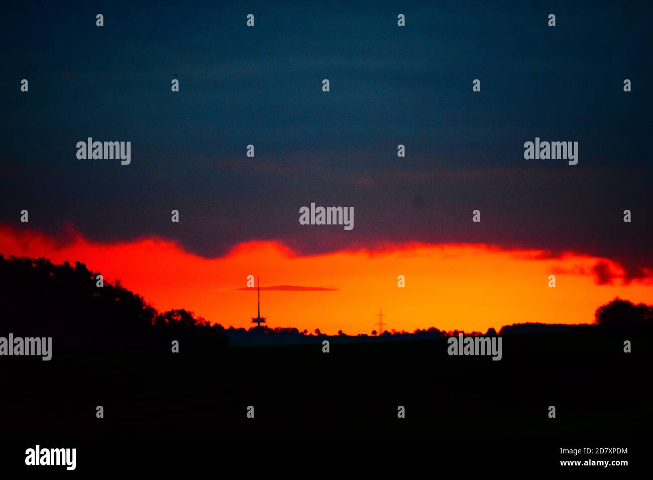 fire-like sunrise in the Eifel Stock Photo