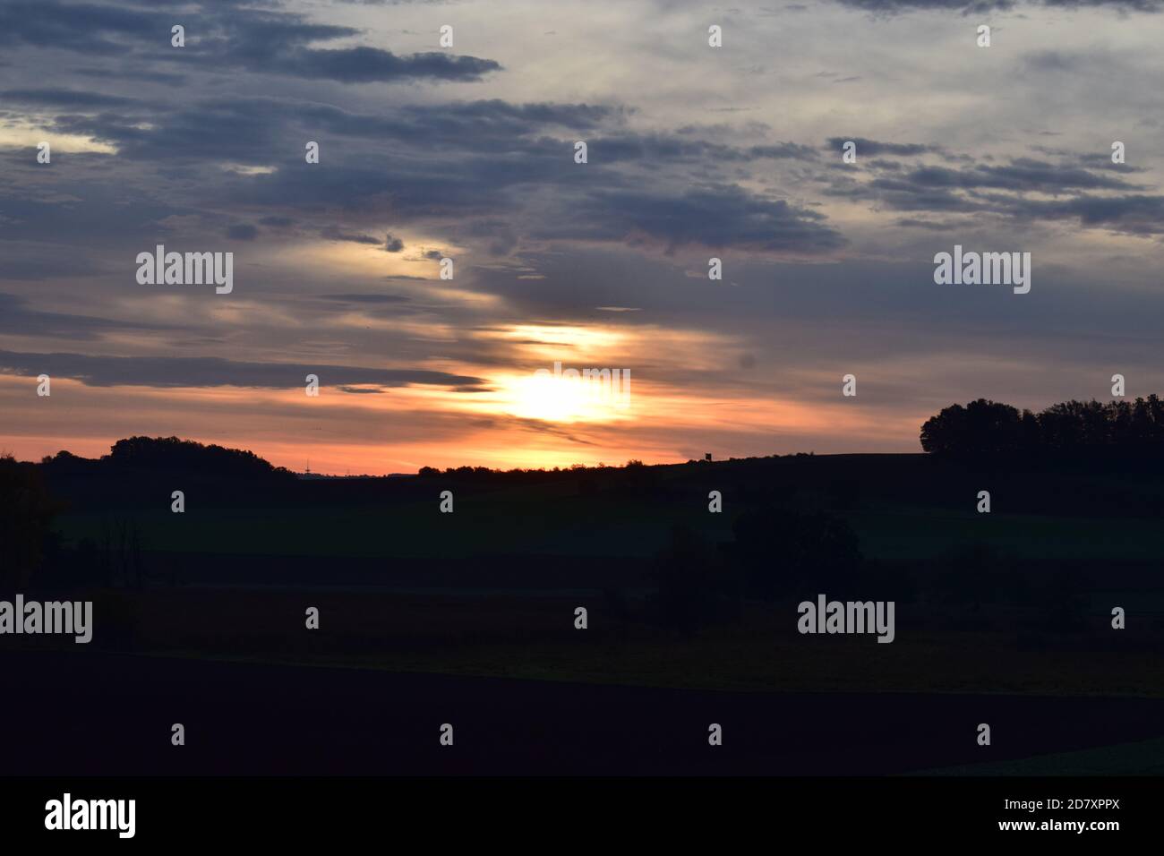 fire-like sunrise in the Eifel Stock Photo