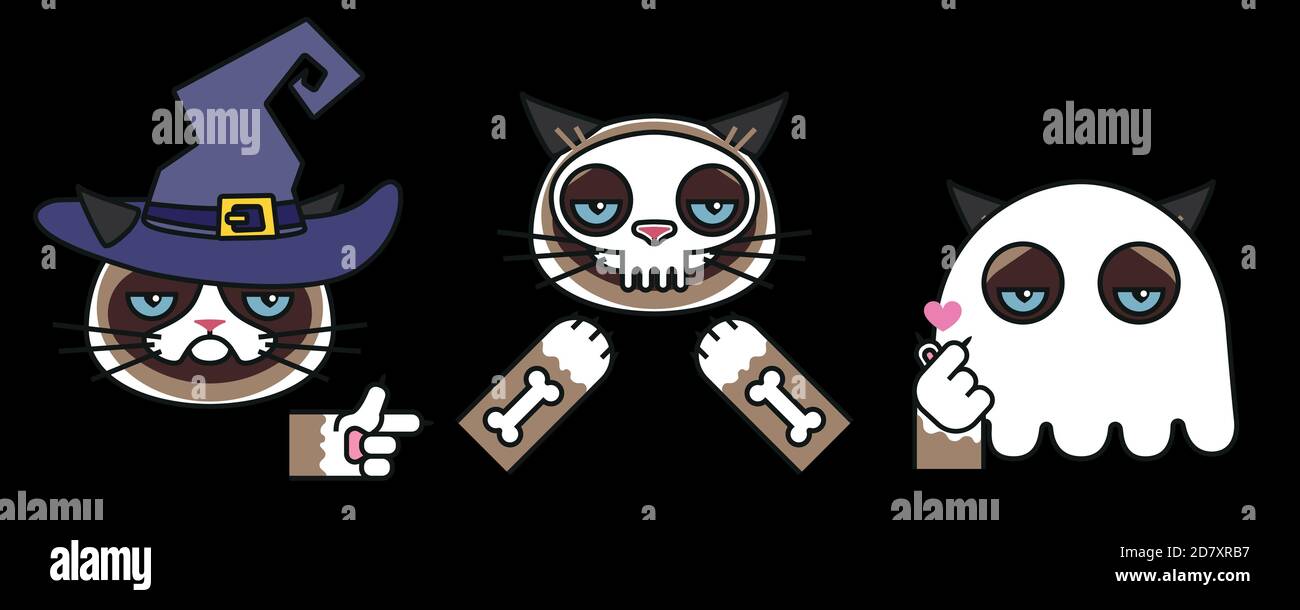 Grumpy cats in halloween skeleton, witch ghost Stock Vector