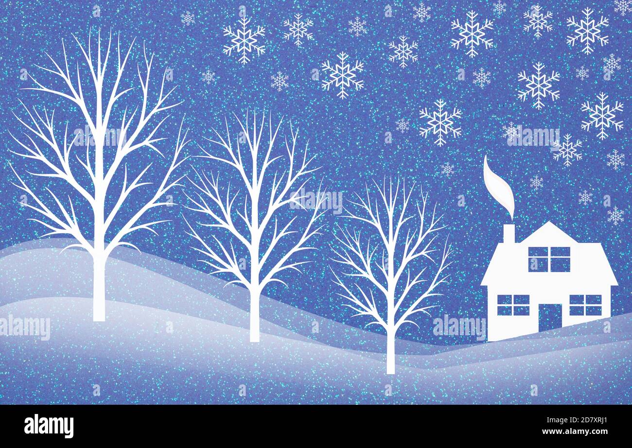 christmas background with snowflakes and a small house in the forest ...
