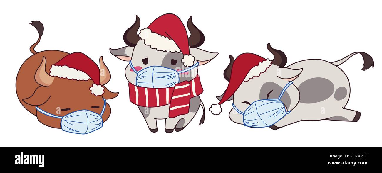 Set of cute cartoon cows wearing medical mask and Christmas costume