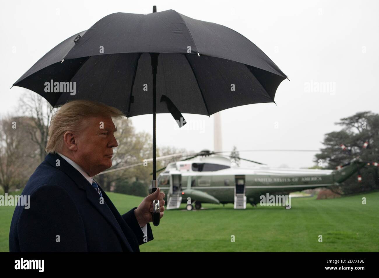 U.S. President Donald Trump speaks to reporters on the South Lawn of the White House amid the coronavirus pandemic on March 28, 2020 in Washington, D.C. Credit: Alex Edelman/The Photo Access Stock Photo