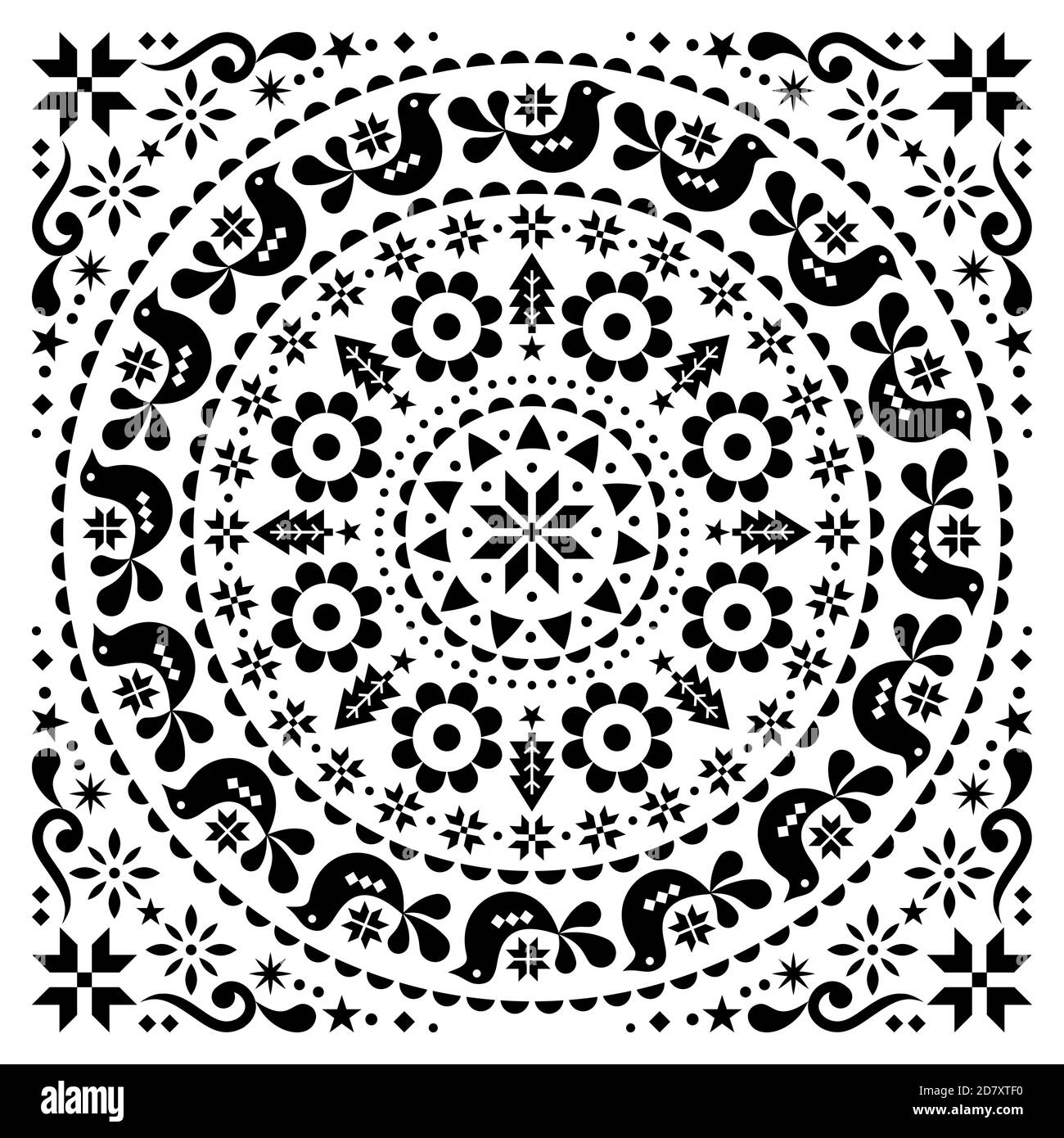 Christmas Scandinavian folk vector design mandala - winter round black and white festive pattern, Xmas greeting card with flowers, birds and snowflake Stock Vector