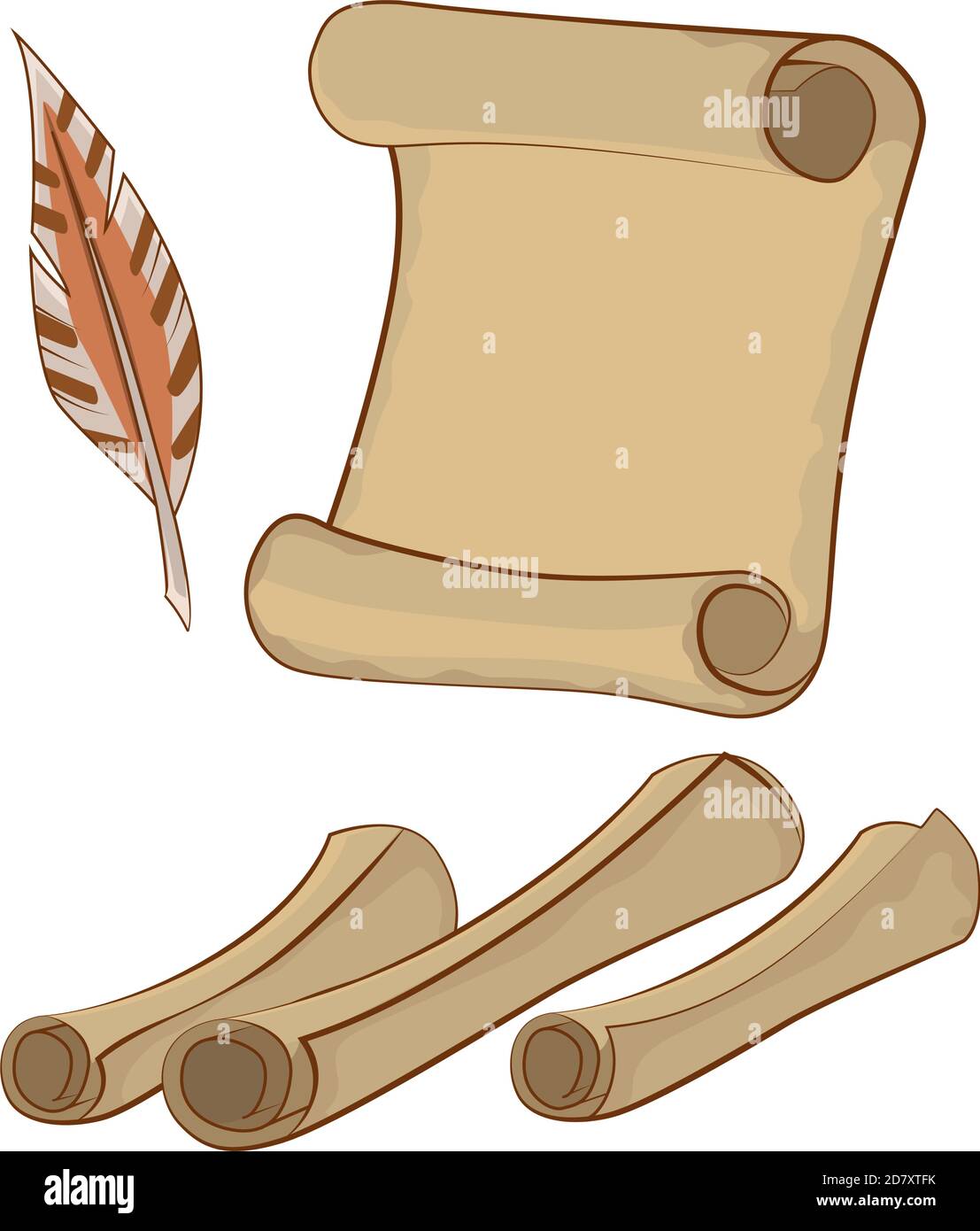 Icons scrolls and feather. Scrolls in cartoon style. Stock Vector