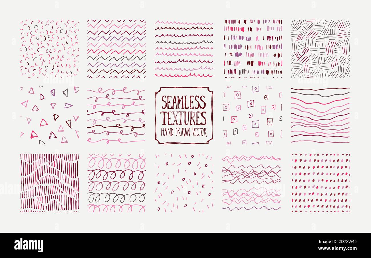 Set of hand drawn pink and red seamless patterns. Endless backgrounds of simple scratchy vector textures with lines, dots and doodles. Stock Vector