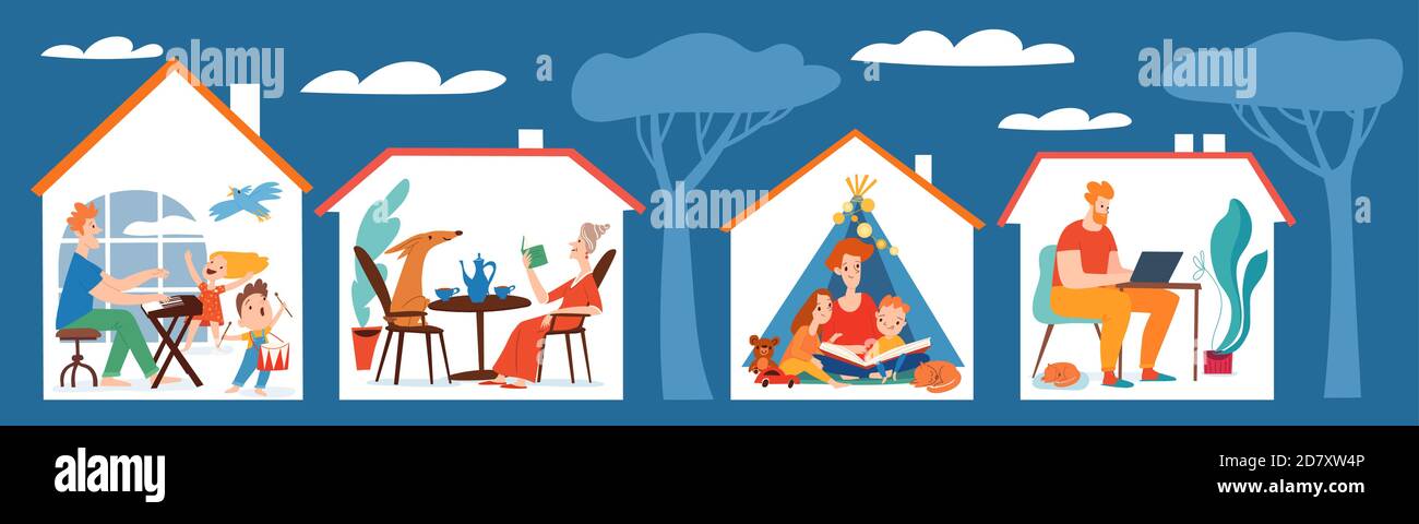 Stay home vector quarantine family isolation illustration Stock Vector ...