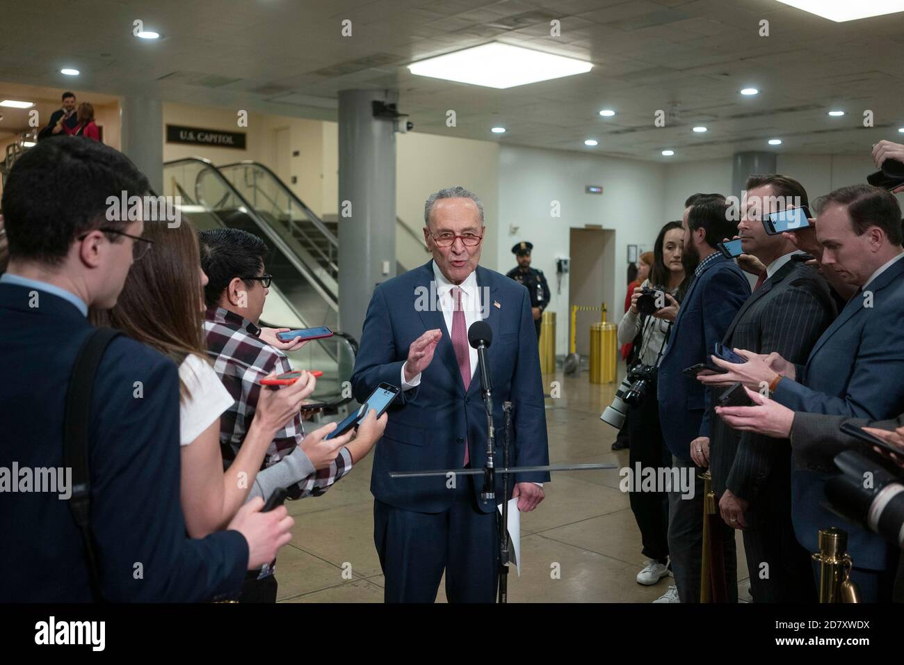 Minority Leader Chuck Schumer, a Democrat from New York, speaks to members of the media during a news conference at the U.S. Capitol in Washington, D.C., U.S., on Friday, Jan. 31, 2020. Credit: Alex Edelman/The Photo Access Stock Photo