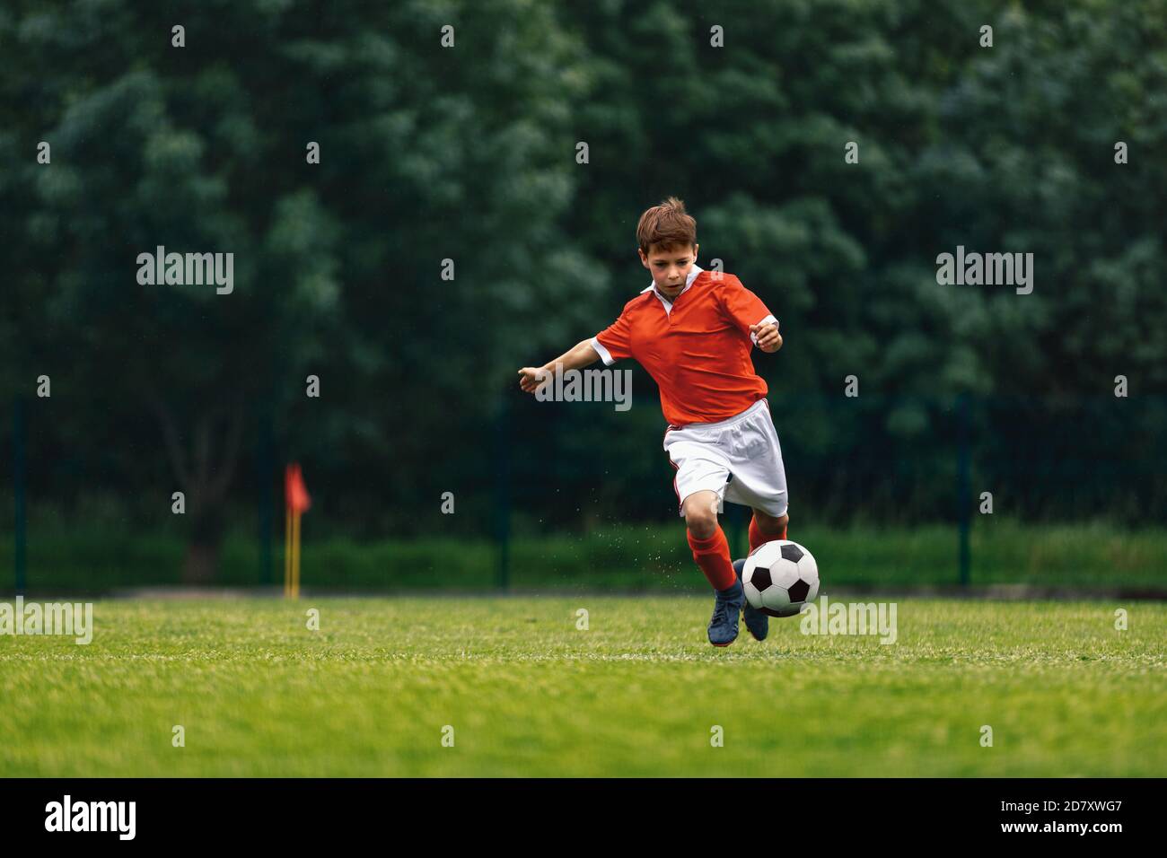 Soccer shooting. Boy kicking soccer ball on grass field. Young football