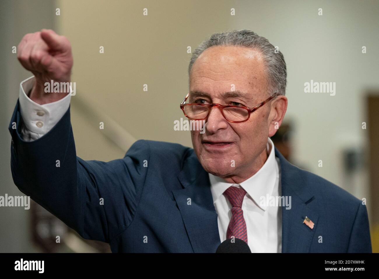 Minority Leader Chuck Schumer, a Democrat from New York, speaks to members of the media during a news conference at the U.S. Capitol in Washington, D.C., U.S., on Friday, Jan. 31, 2020. Credit: Alex Edelman/The Photo Access Stock Photo