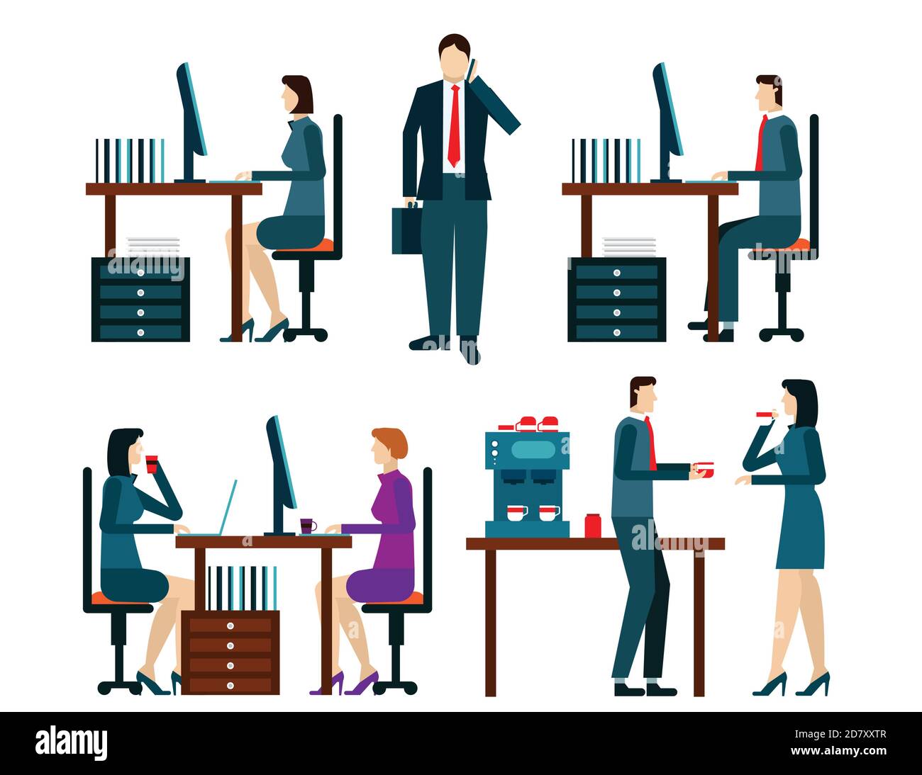 Office worker icons set with business people workflow elements isolated