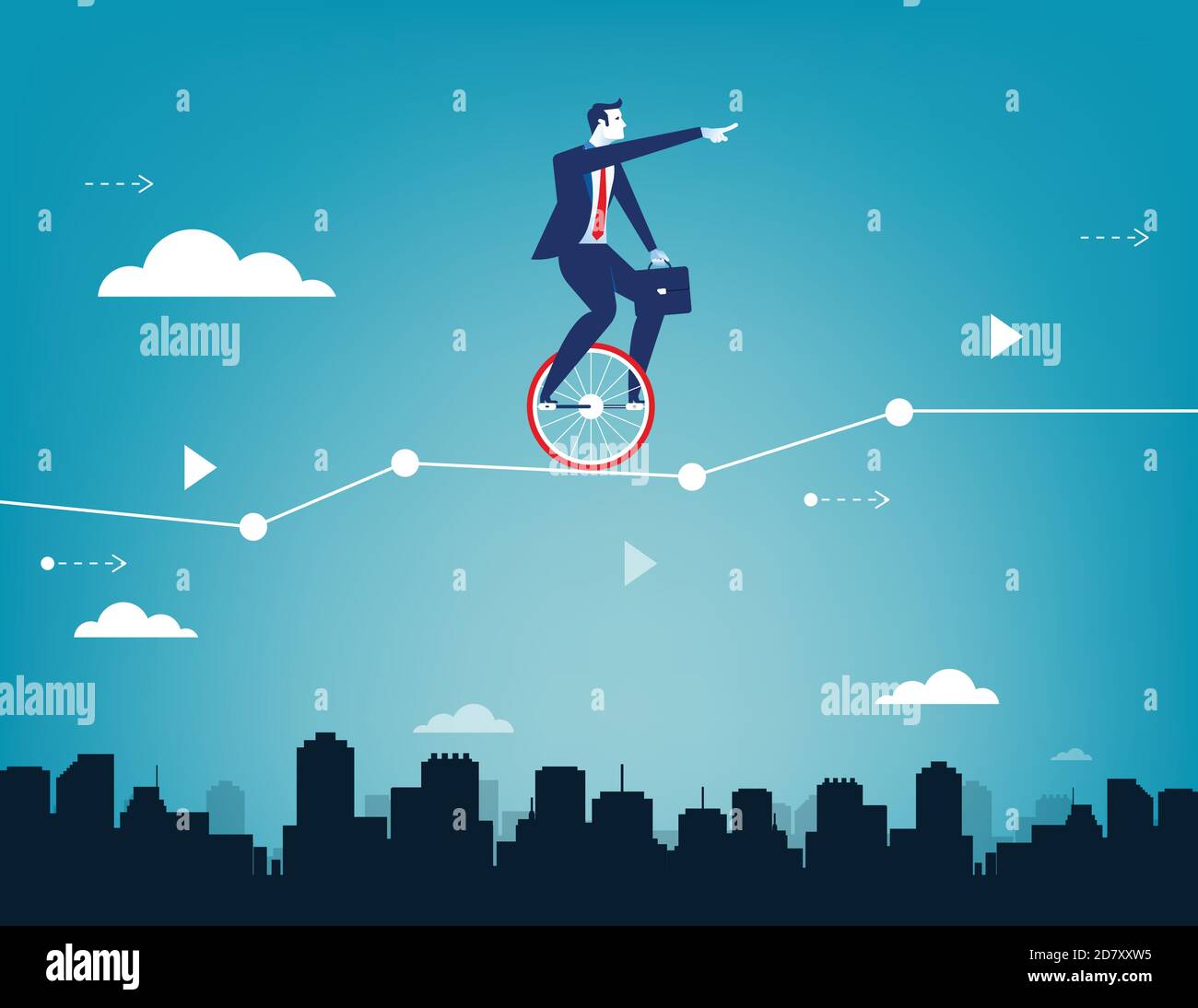 Businessman balancing on unicycle and drive through business chart