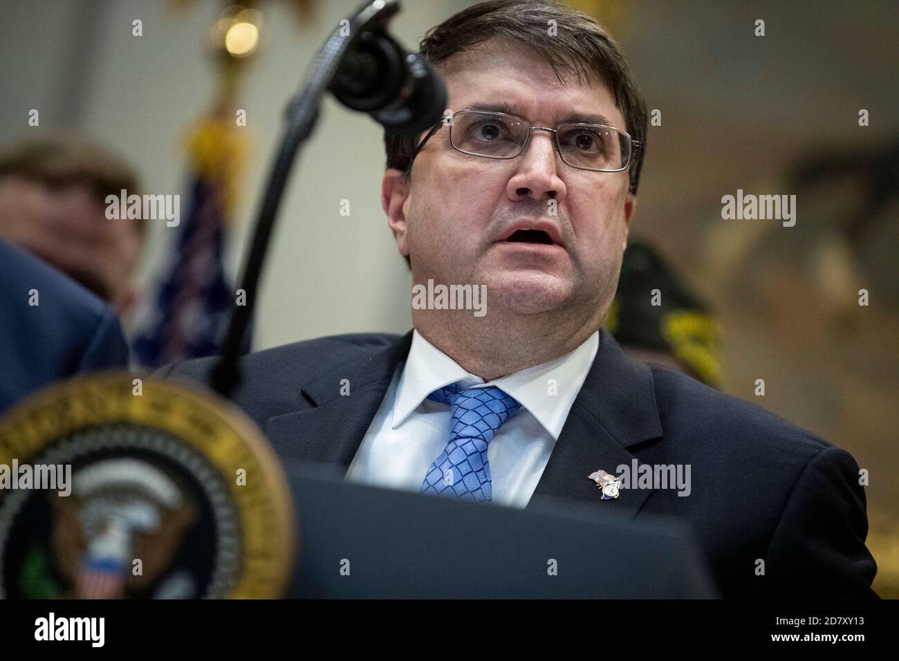 Secretary of the Department of Veterans Affairs Robert Wilkie speaks before President Donald Trump signs an Executive Order entitled  'National Roadmap to Empower Veterans and End Suicide' in the Roosevelt Room of the White House in Washington, D.C. on March 5, 2019. While answering questions after the signing, Trump told reporters, 'The witch hunt continues,' referring to Congressional Democrats efforts to investigate the Presidents' son in law, and Presidential Advisor Jared Kuschner. Credit: Alex Edelman/The Photo Access Stock Photo