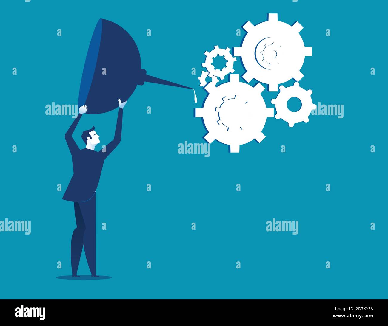 Efficiency Cogs Oiling the gears. Businessman oiling a series of cogs for efficiency ...