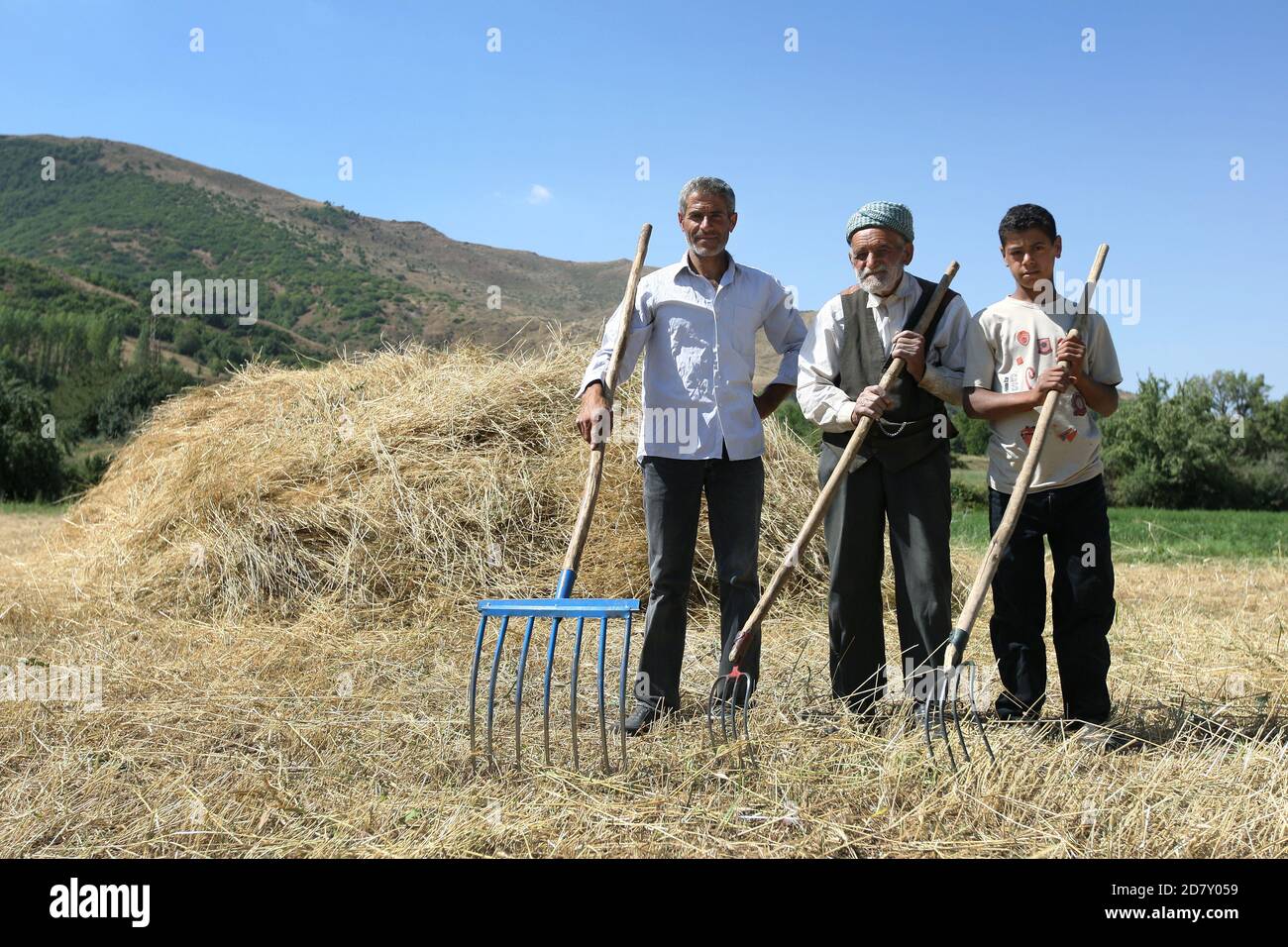 Three generations of a Kurdish farming family stand with their pitch forks in a paddock next to a hay stack in the morning near Tatvan in Turkey. Stock Photo