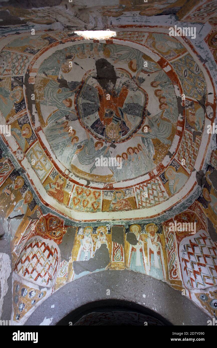 The dome of the Daniel Pantonassa church in the Ihlara Valley of Cappadocia in Turkey with a fresco showing the Ascension of Jesus. Stock Photo