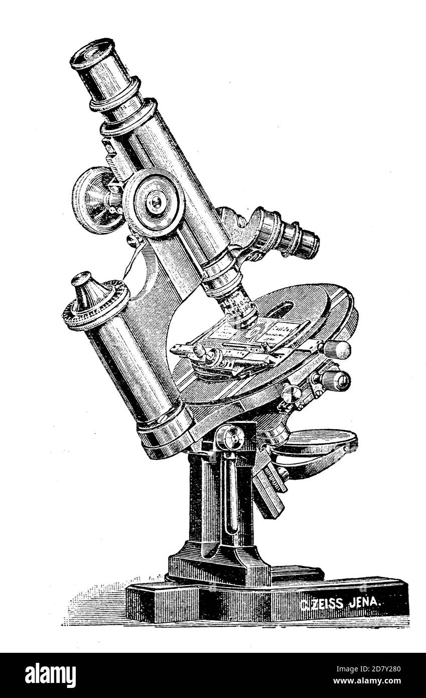 Microscope of the company Zeiss from Jena, Germany / Mikroskop der Firma Zeiss aus Jena, Deutschland, Historisch, historical, digital improved reproduction of an original from the 19th century / digitale Reproduktion einer Originalvorlage aus dem 19. Jahrhundert Stock Photo