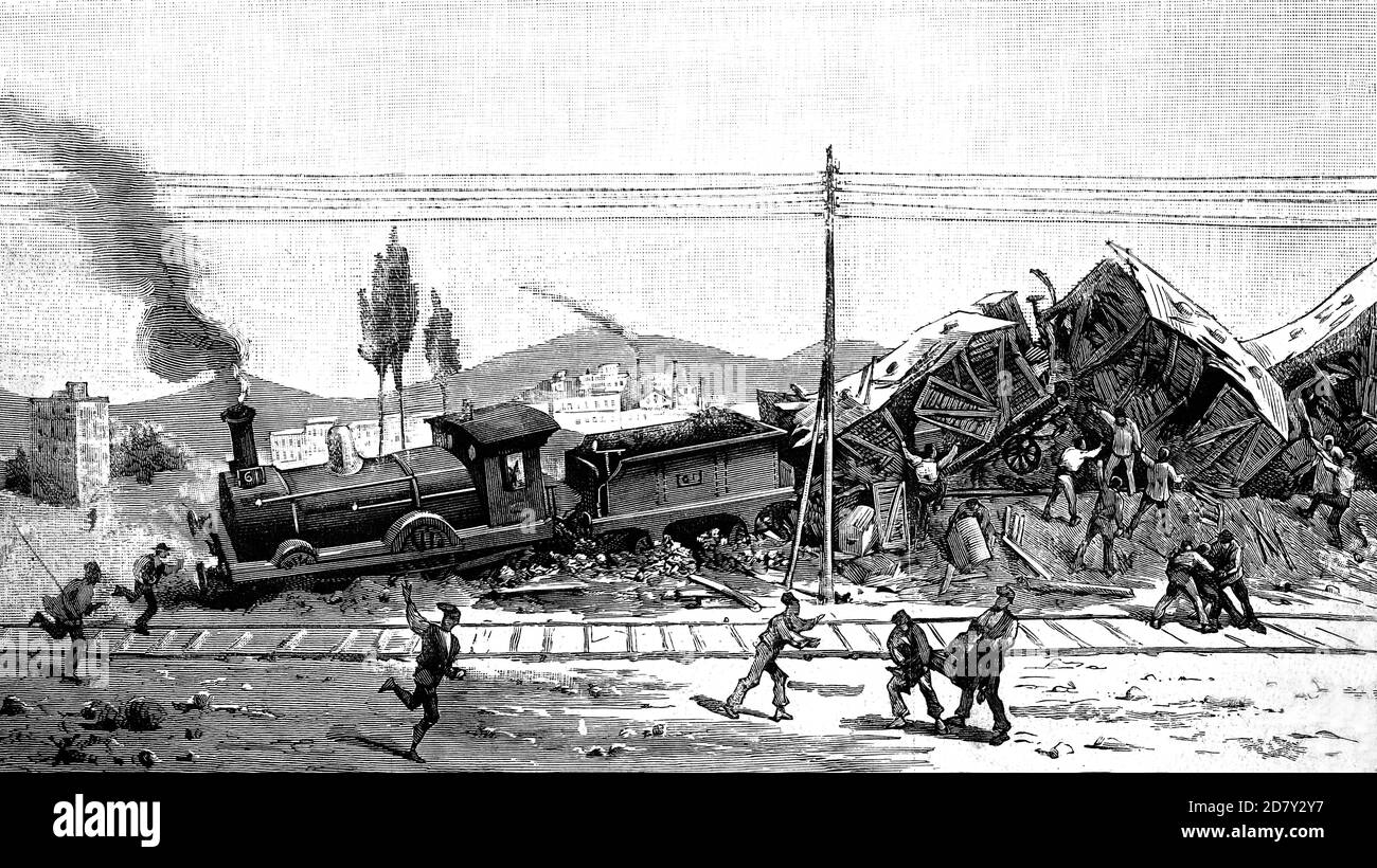 Barcelona, derailment of a passenger train on the Granollers line, with several deads and injuries, due to the carelessness of the needle guard, May 2 Stock Photo