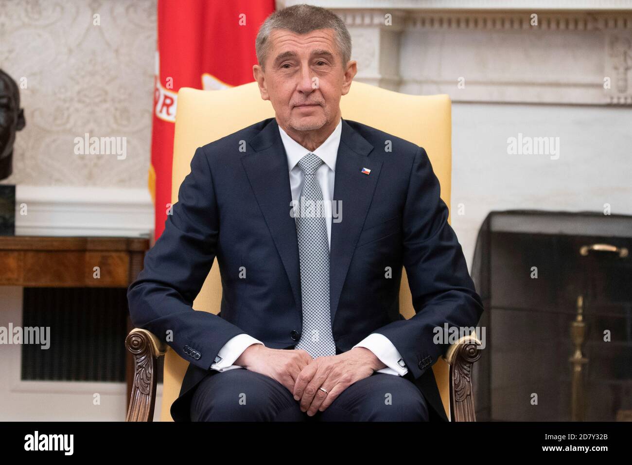 The Prime Minister of the Czech Republic Andrej Babiš speaks to U.S. President Donald Trump and First Lady Melania Trump during a meeting in the Oval Office at the White House in Washington, D.C. on March 7, 2019. Credit: Alex Edelman/The Photo Access Stock Photo