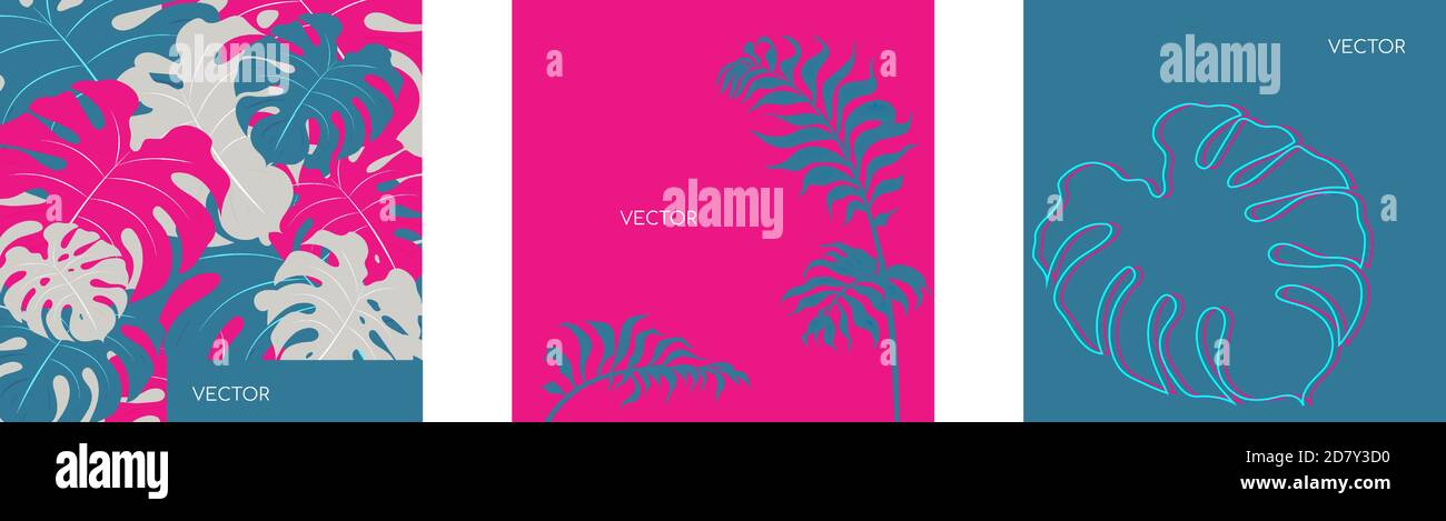 Jungle vegitation flat color vector backgrounds set Stock Vector