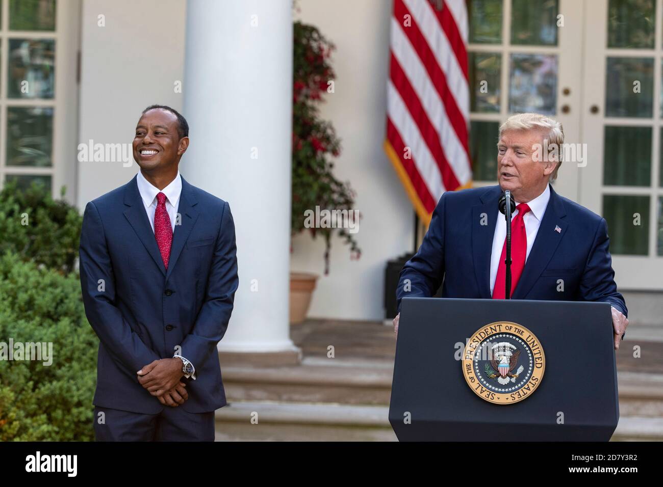 U.S. President Donald Trump delivers remarks before presenting the Presidential Medal of Freedom to Golfer Tiger Woods in the Rose Garden of the White House in Washington, D.C. on Monday, May 6, 2019. The Presidential Medal of Freedom is the highest honor a U.S. President can bestow on a civilian. Credit: Alex Edelman/The Photo Access Stock Photo