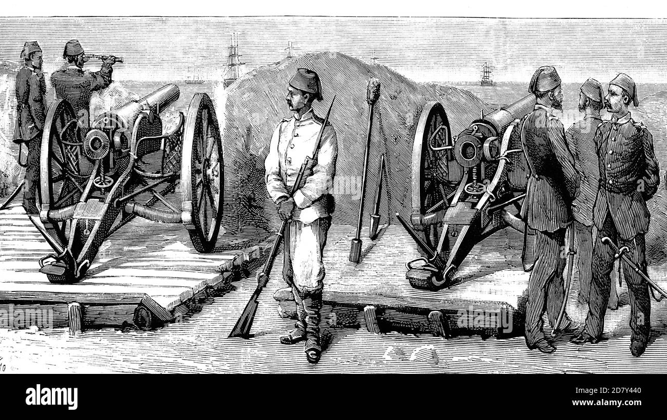 Egyptian battery of Krupp cannons at Mecks Fort, near Alexandria. Antique  illustration. 1882 Stock Photo - Alamy