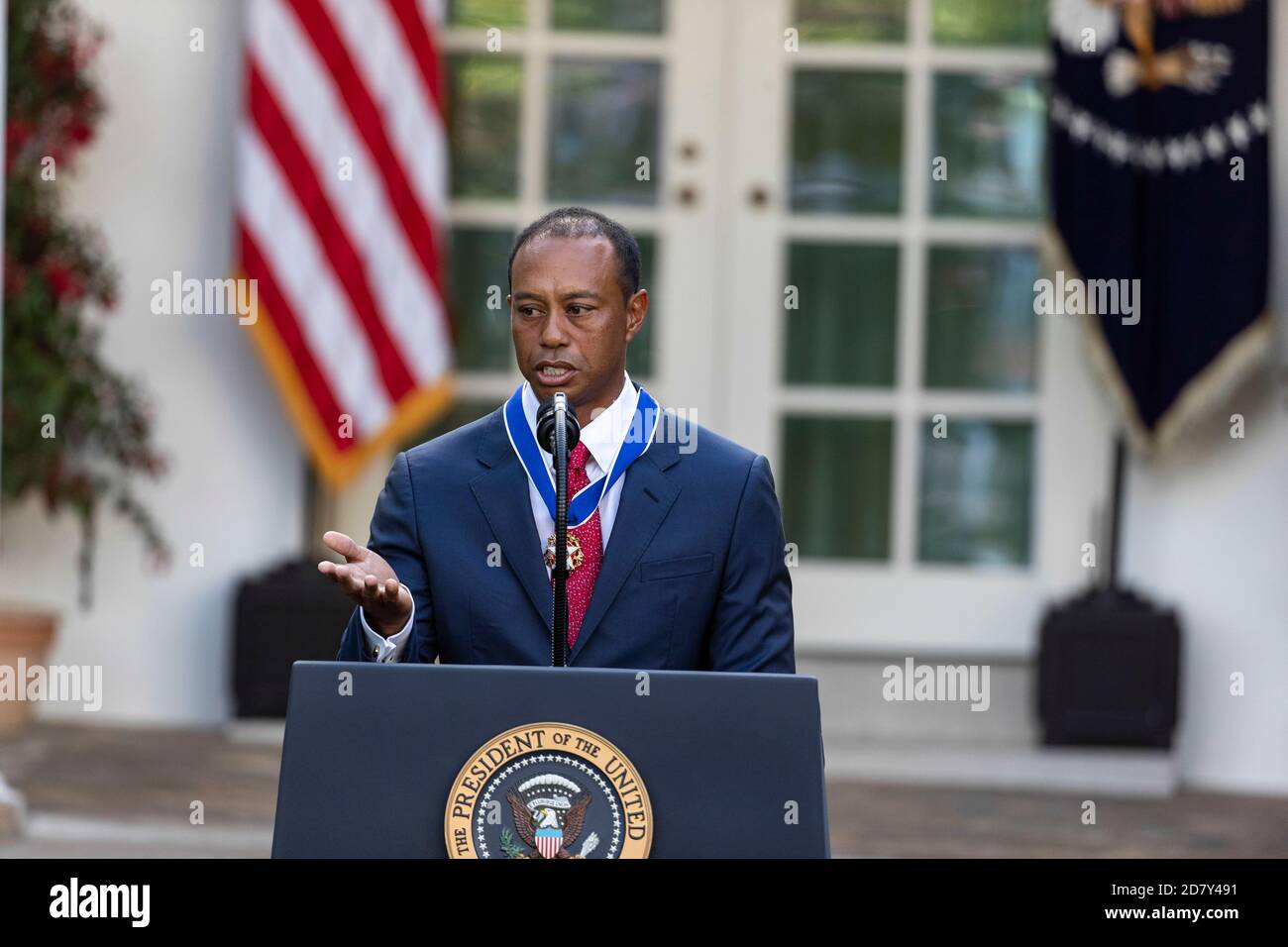 Golfer Tiger Woods speaks after receiving the Presidential Medal of Freedom from U.S. President Donald Trump in the Rose Garden of the White House in Washington, D.C. on Monday, May 6, 2019. The Presidential Medal of Freedom is the highest honor a U.S. President can bestow on a civilian. Woods is the fourth golfer to receive the award. Credit: Alex Edelman/The Photo Access Stock Photo