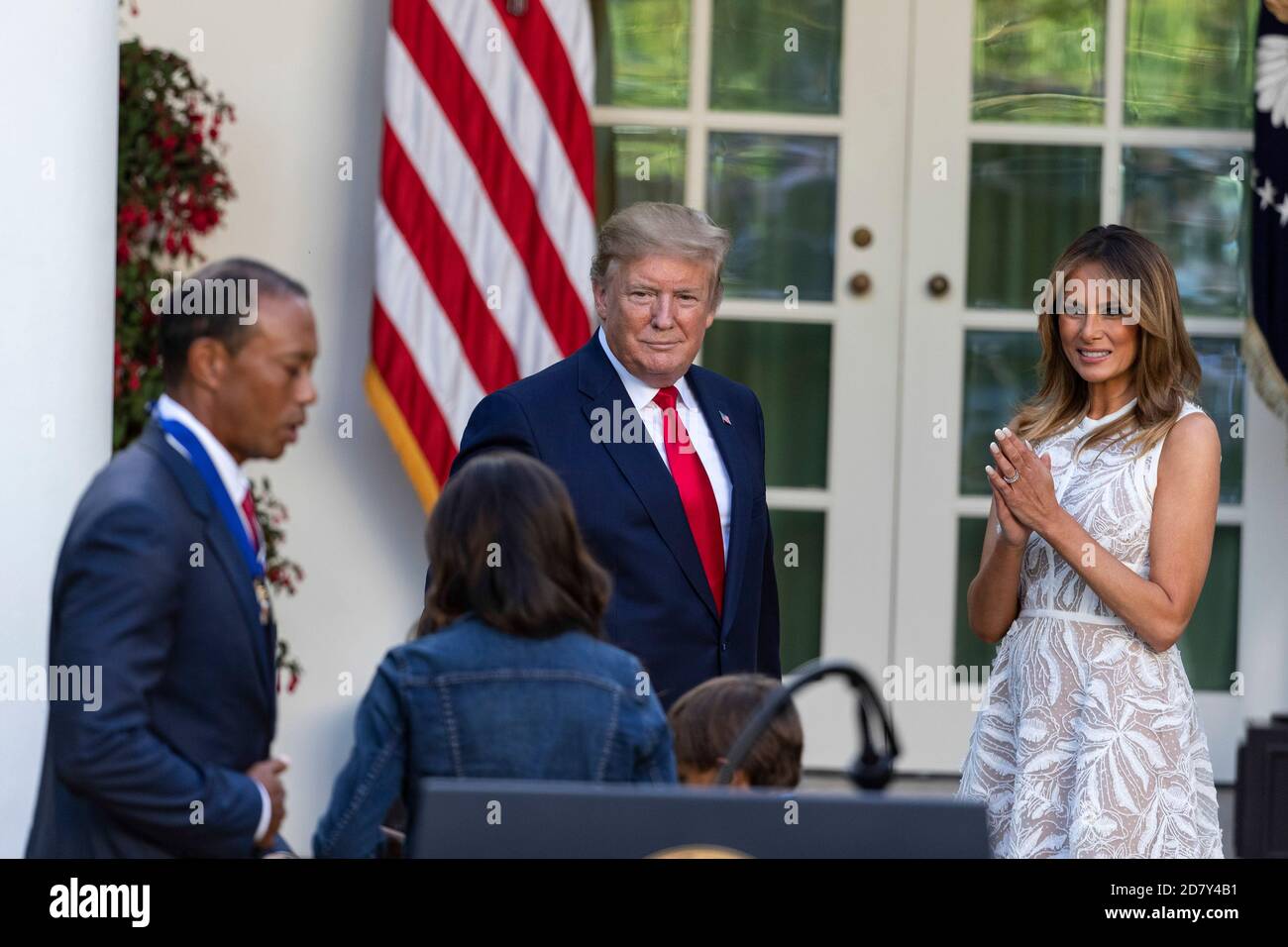 U.S. President Donald Trump and First Lady Melania Trump invite golfer Tiger Woods and his family into the Oval Office after Trump awarded the Presidential Medal of Freedom to Woods in the Rose Garden of the White House in Washington, D.C. on Monday, May 6, 2019. The Presidential Medal of Freedom is the highest honor a U.S. President can bestow on a civilian. Woods is the fourth golfer to receive the award. Credit: Alex Edelman/The Photo Access Stock Photo