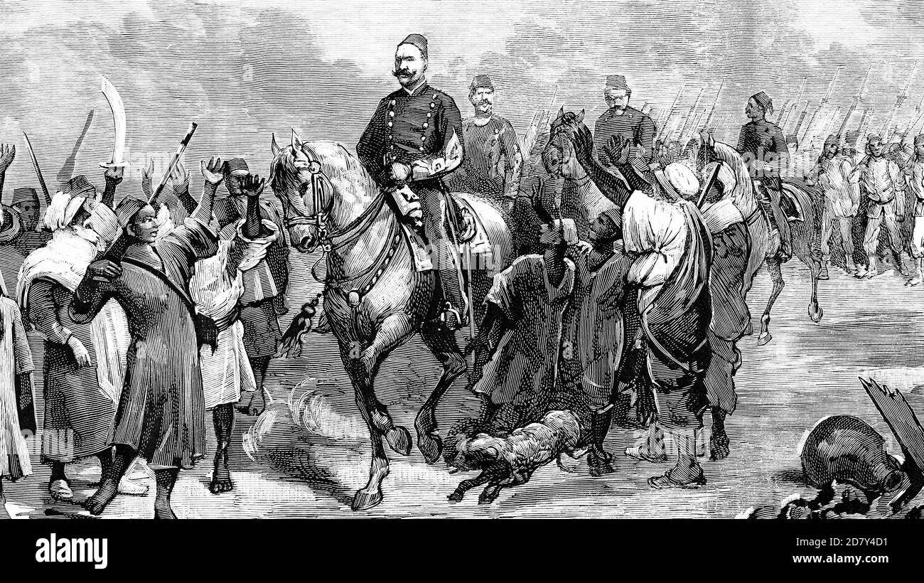 Arabi Pasha leading his soldiers on the march towards the fortified camp of Kafr-dowar, after the bombardment of Alexandria, Egypt, Antique illustrati Stock Photo