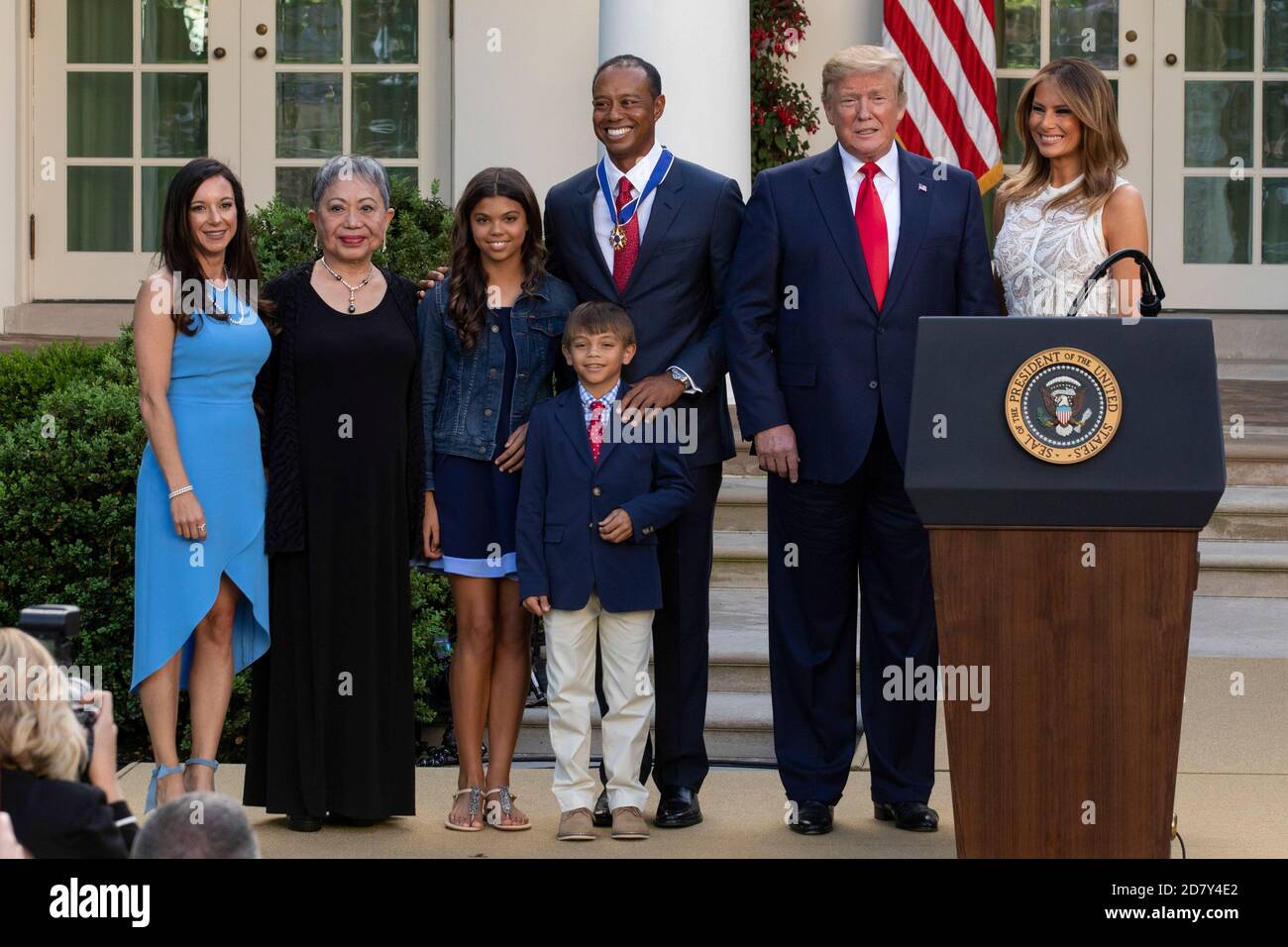 U.S. President Donald Trump and First Lady Melania Trump pose for a photo with golfer Tiger Woods and his family after Trump awarded Woods the Presidential Medal of Freedom to Woods in the Rose Garden of the White House in Washington, D.C. on Monday, May 6, 2019. The Presidential Medal of Freedom is the highest honor a U.S. President can bestow on a civilian. Woods is the fourth golfer to receive the award. Credit: Alex Edelman/The Photo Access Stock Photo