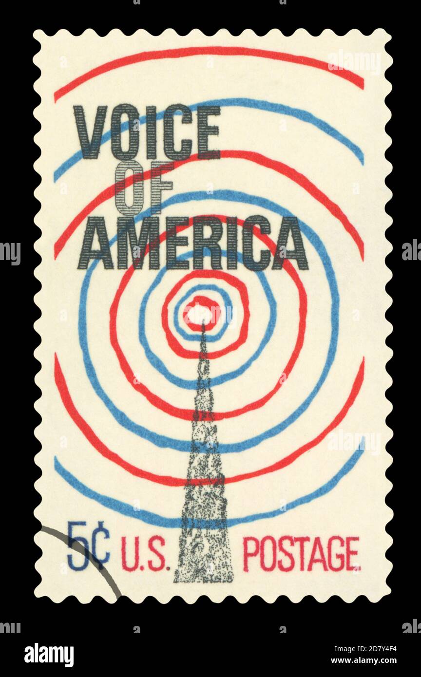 USA - CIRCA 1967: A stamp printed in USA shows the Radio Transmission Tower and Waves, Voice of America Issue, circa 1967 Stock Photo