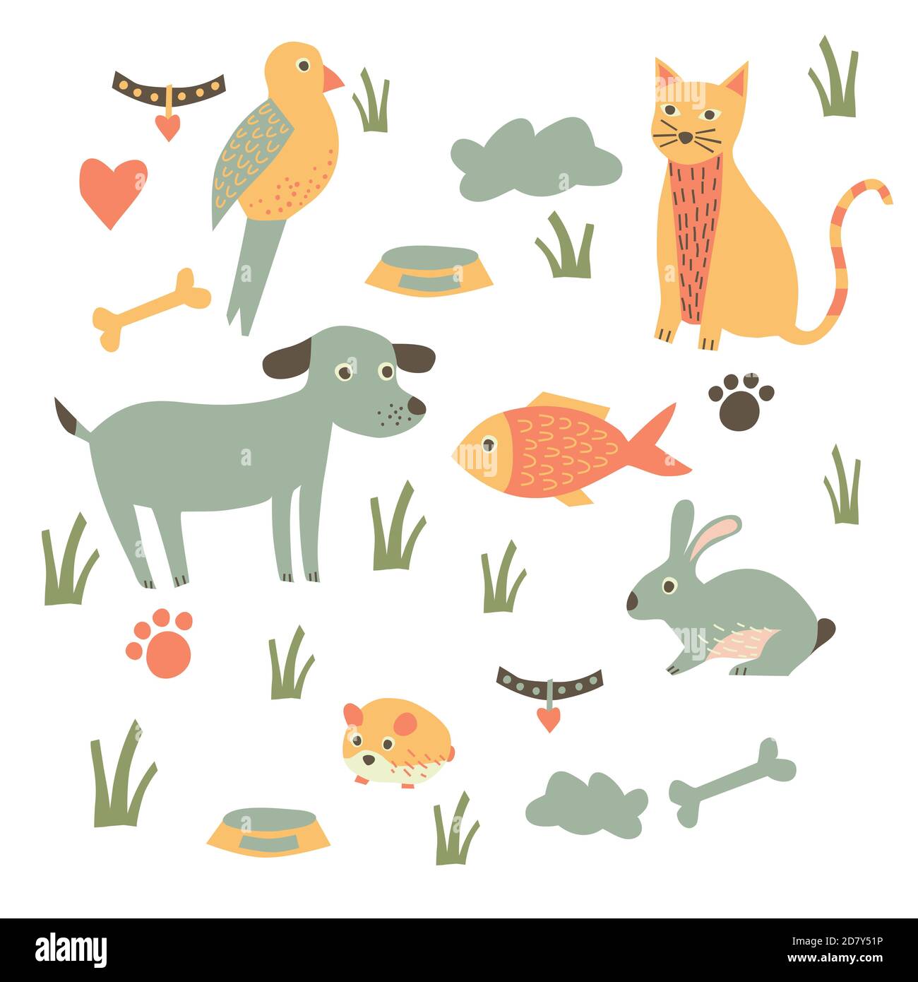 animals icons, parrot, rabbit, cat, dog, hamster, fish Stock Vector