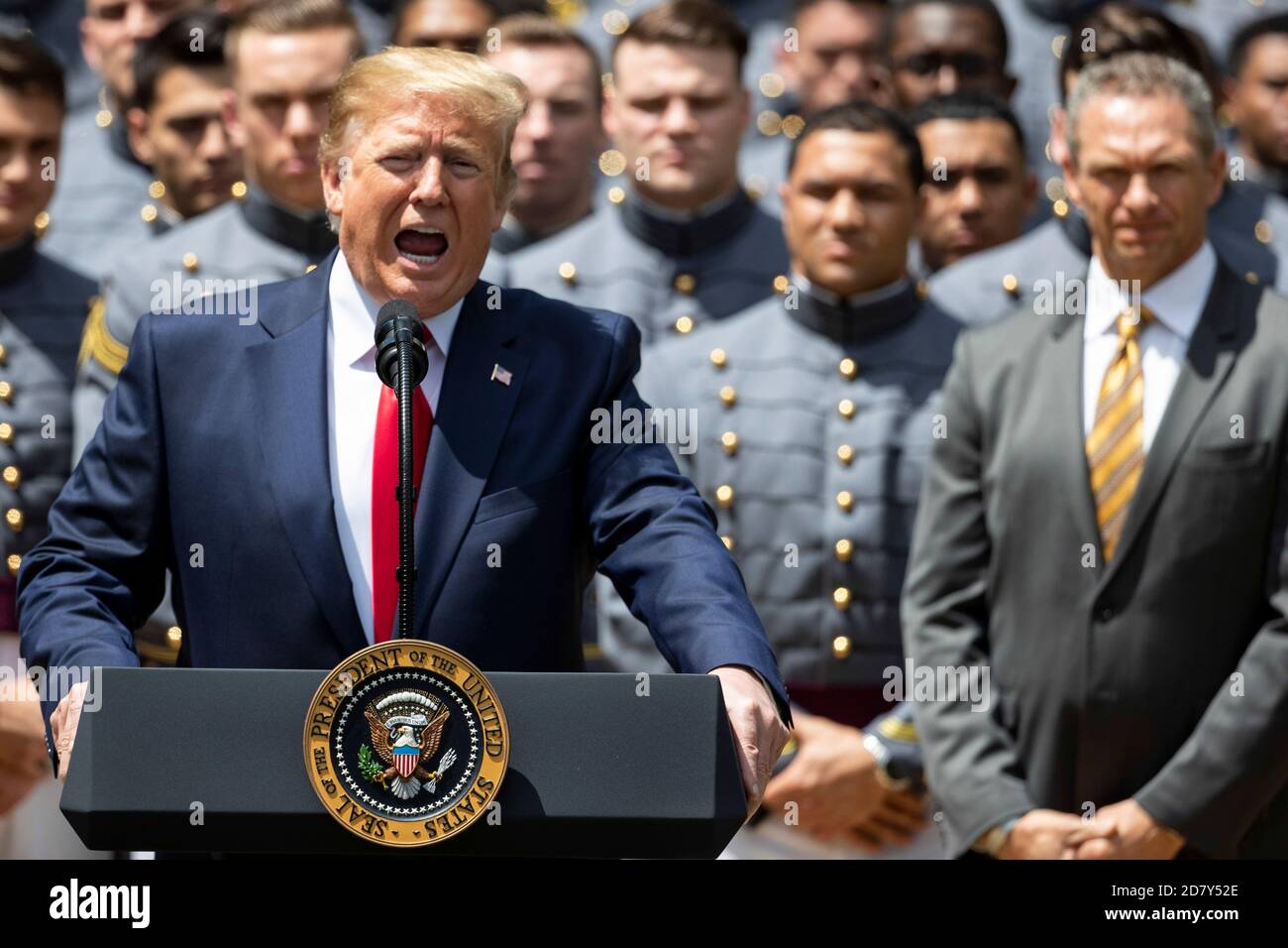 U.S. President Donald Trump delivers remarks prior to presenting the Commander-in-Chief’s trophy to the team in the White House Rose Garden in Washington, D.C. on Monday, May 6, 2019. Credit: Alex Edelman/The Photo Access Stock Photo