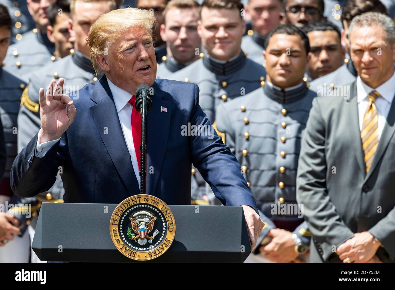 U.S. President Donald Trump delivers remarks prior to presenting the Commander-in-Chief’s trophy to the team in the White House Rose Garden in Washington, D.C. on Monday, May 6, 2019. Credit: Alex Edelman/The Photo Access Stock Photo