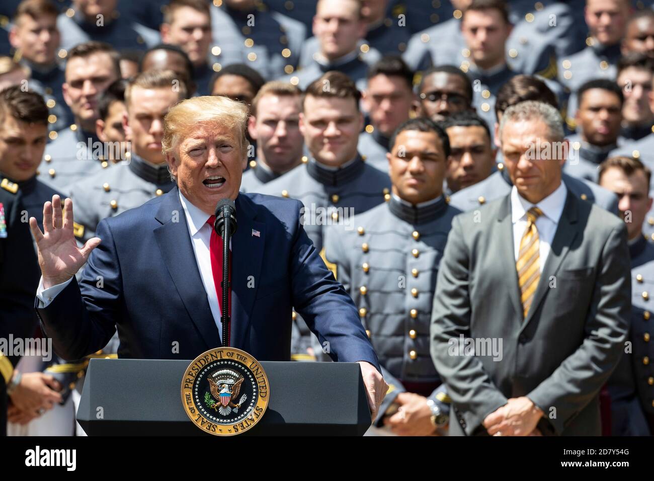 U.S. President Donald Trump delivers remarks prior to presenting the Commander-in-Chief’s trophy to the team in the White House Rose Garden in Washington, D.C. on Monday, May 6, 2019. Credit: Alex Edelman/The Photo Access Stock Photo