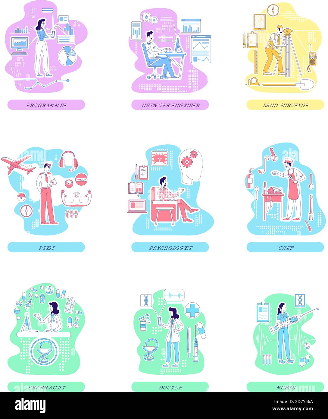Medical and IT, service and industrial professions thin line concept vector illustrations set Stock Vector
