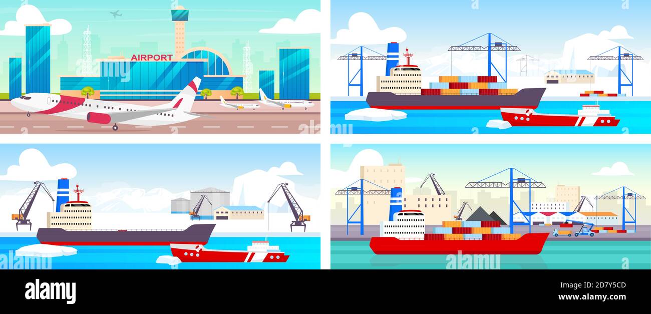 Airport and seaports flat color vector illustrations set Stock Vector